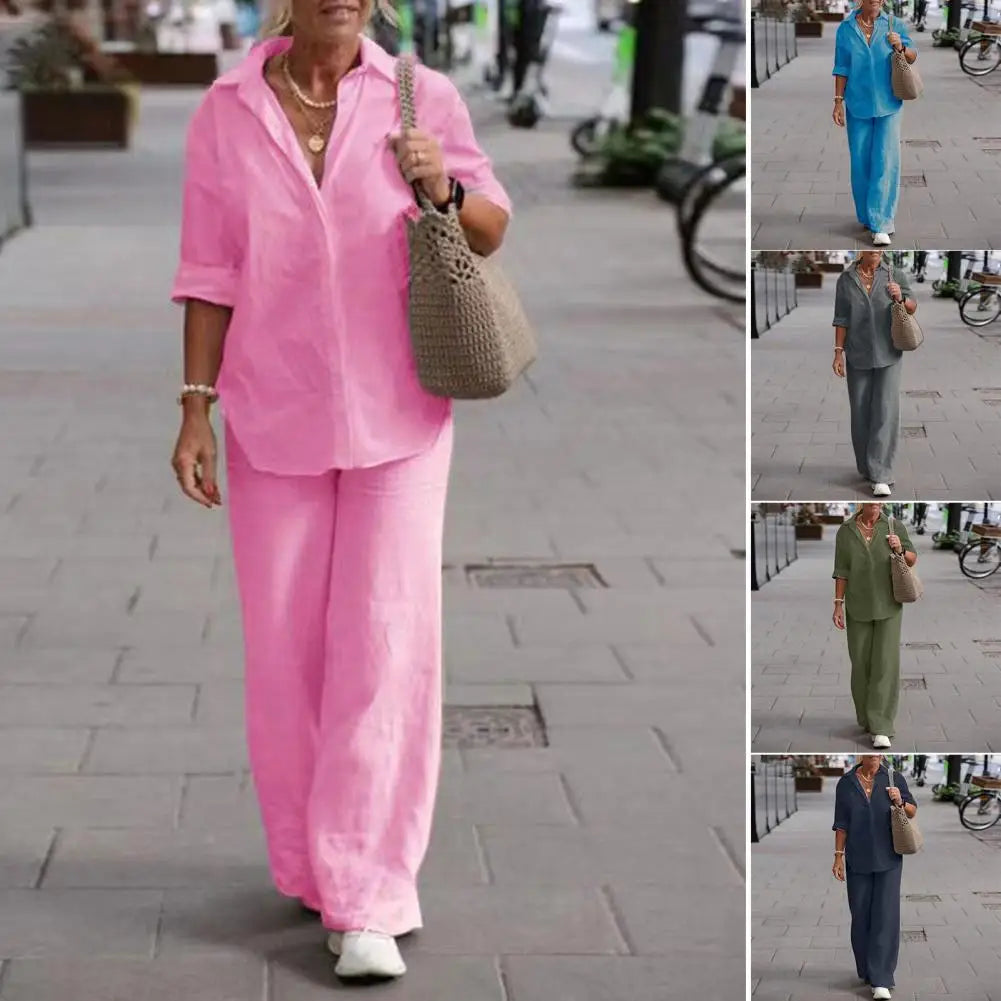 Women's Blouse & Wide Leg Pants Set – Relaxed Two-Piece Matching Set