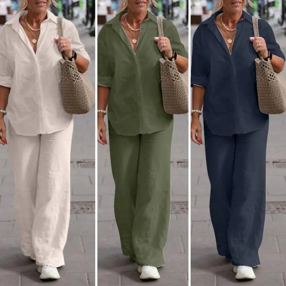 Women's Blouse & Wide Leg Pants Set – Relaxed Two-Piece Matching Set