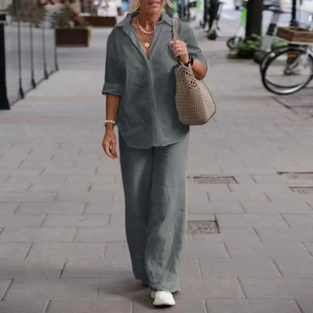 Women's Blouse & Wide Leg Pants Set – Relaxed Two-Piece Matching Set