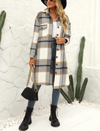 Women's Plaid Long Coat – Relaxed Button Front Winter Coat