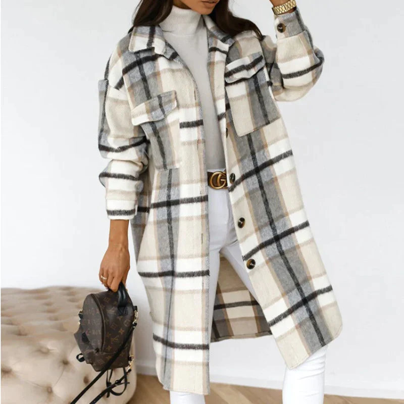 Women's Plaid Long Coat – Relaxed Button Front Winter Coat
