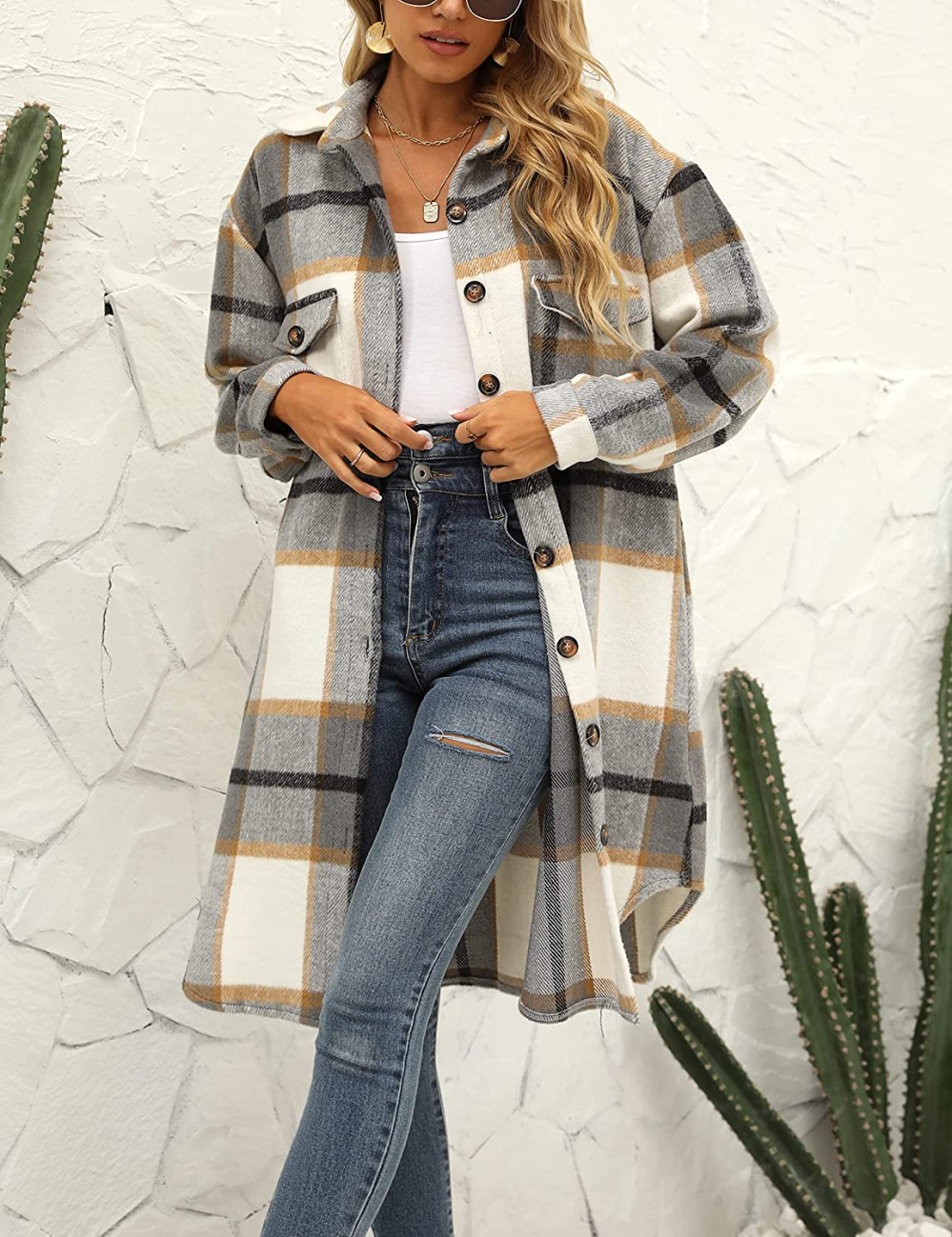 Women's Plaid Long Coat – Relaxed Button Front Winter Coat