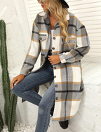 Women's Plaid Long Coat – Relaxed Button Front Winter Coat