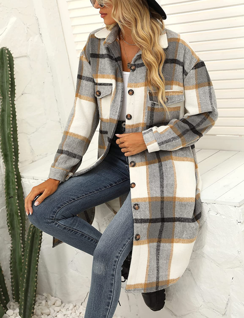 Women's Plaid Long Coat – Relaxed Button Front Winter Coat