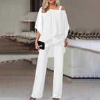 Women's Cold Shoulder Pants Set – Asymmetrical Top & Tailored Trouser Set