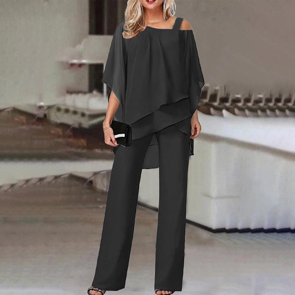 Women's Cold Shoulder Pants Set – Asymmetrical Top & Tailored Trouser Set