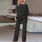 Women's Cold Shoulder Pants Set – Asymmetrical Top & Tailored Trouser Set