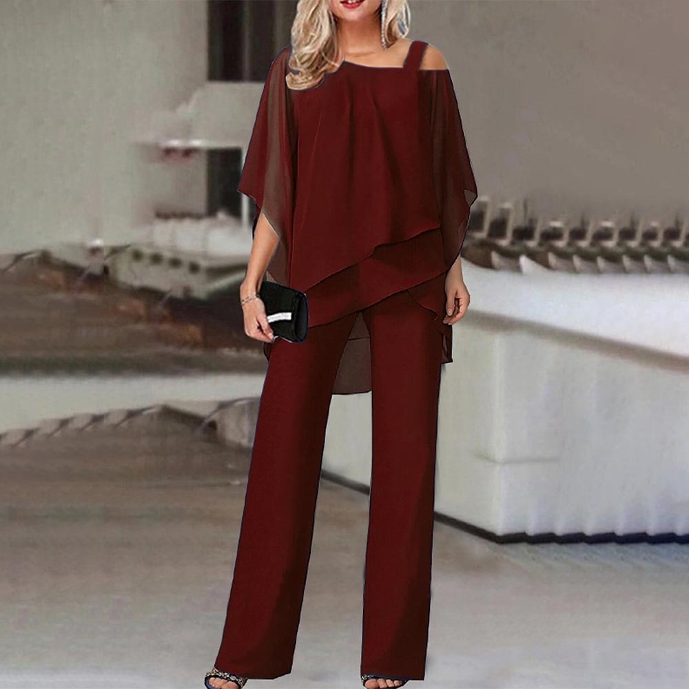 Women's Cold Shoulder Pants Set – Asymmetrical Top & Tailored Trouser Set