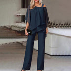 Women's Cold Shoulder Pants Set – Asymmetrical Top & Tailored Trouser Set