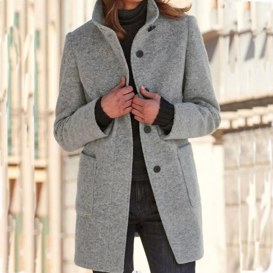 Women's Button Front Winter Coat – Round Neck Tailored Long Coat