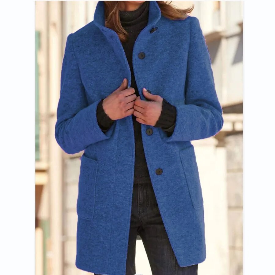 Women's Button Front Winter Coat – Round Neck Tailored Long Coat