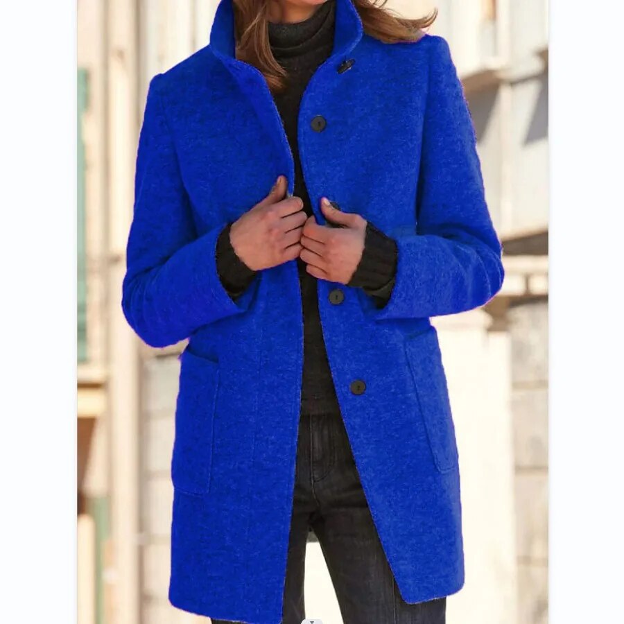 Women's Button Front Winter Coat – Round Neck Tailored Long Coat