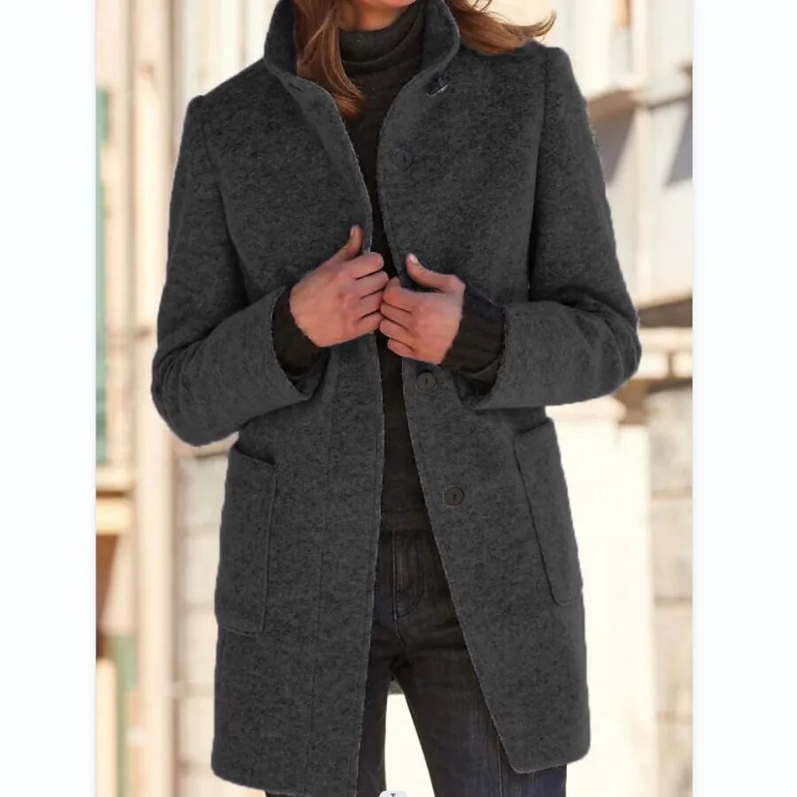 Women's Button Front Winter Coat – Round Neck Tailored Long Coat