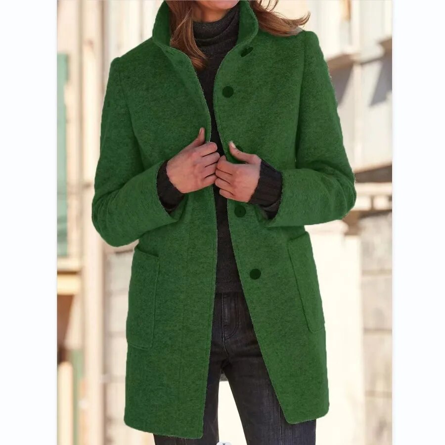 Women's Button Front Winter Coat – Round Neck Tailored Long Coat