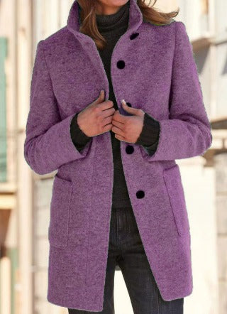 Women's Button Front Winter Coat – Round Neck Tailored Long Coat