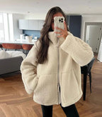 Women's Oversized Fleece Jacket – Stand Collar Zip-Up Winter Jacket