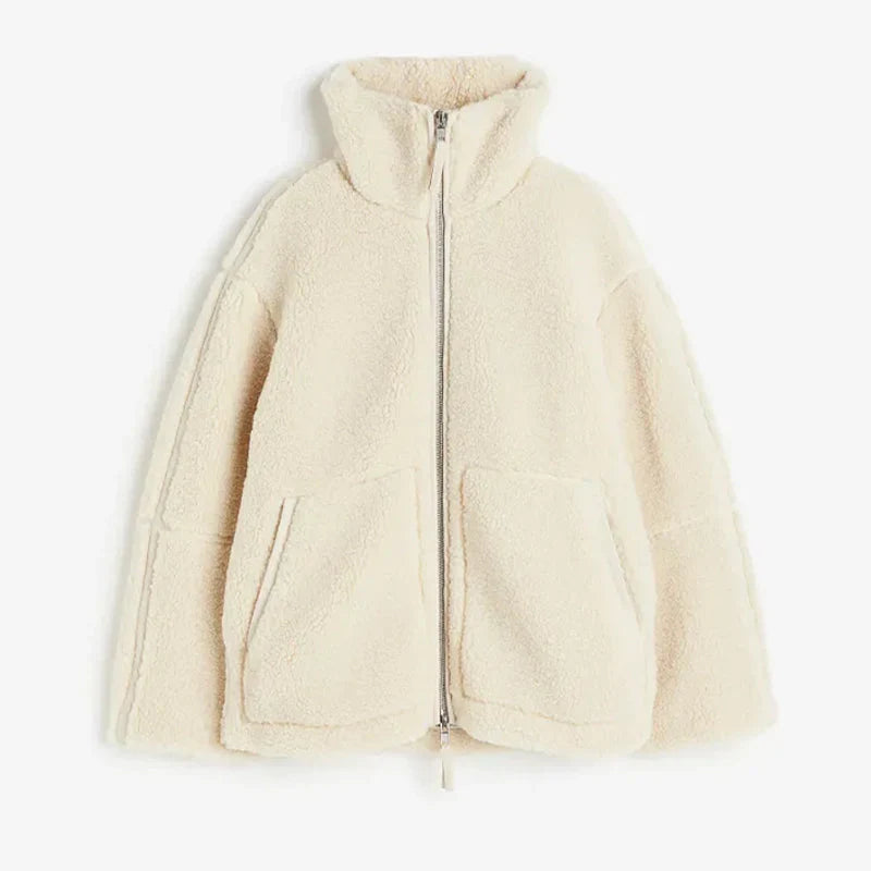 Women's Oversized Fleece Jacket – Stand Collar Zip-Up Winter Jacket