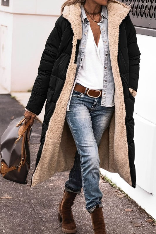 Women's Reversible Long Winter Coat – Hooded Teddy Lined Cold Weather Coat