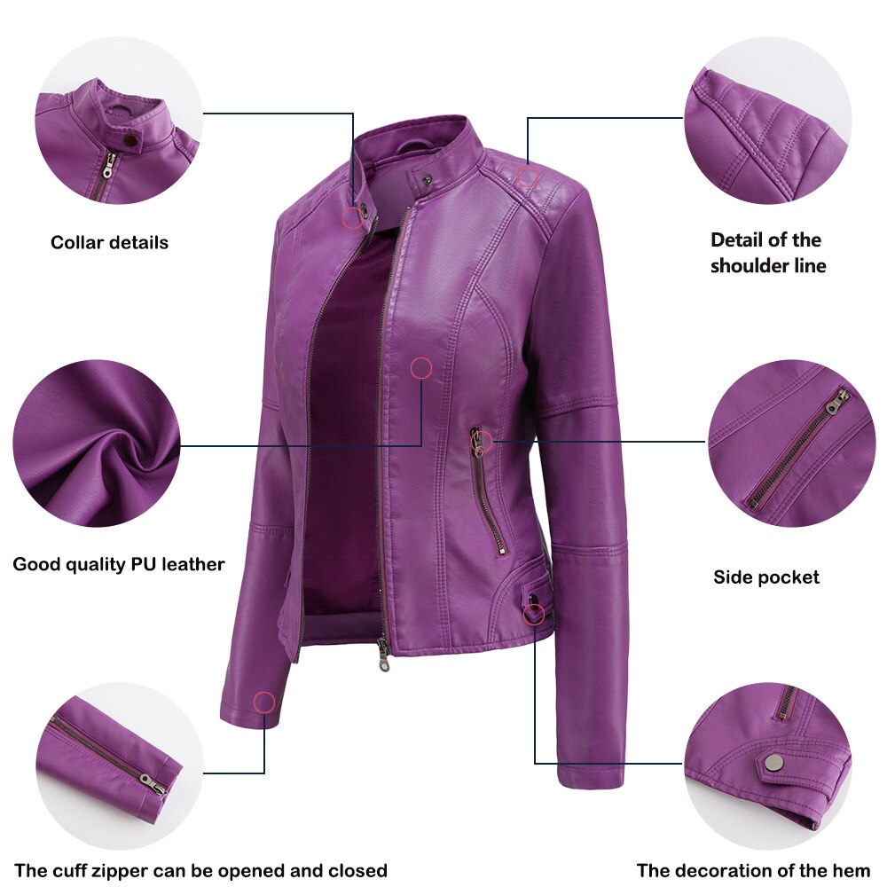 Women's Faux Leather Jacket – Mandarin Collar Moto Jacket