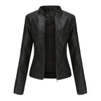 Women's Faux Leather Jacket – Mandarin Collar Moto Jacket
