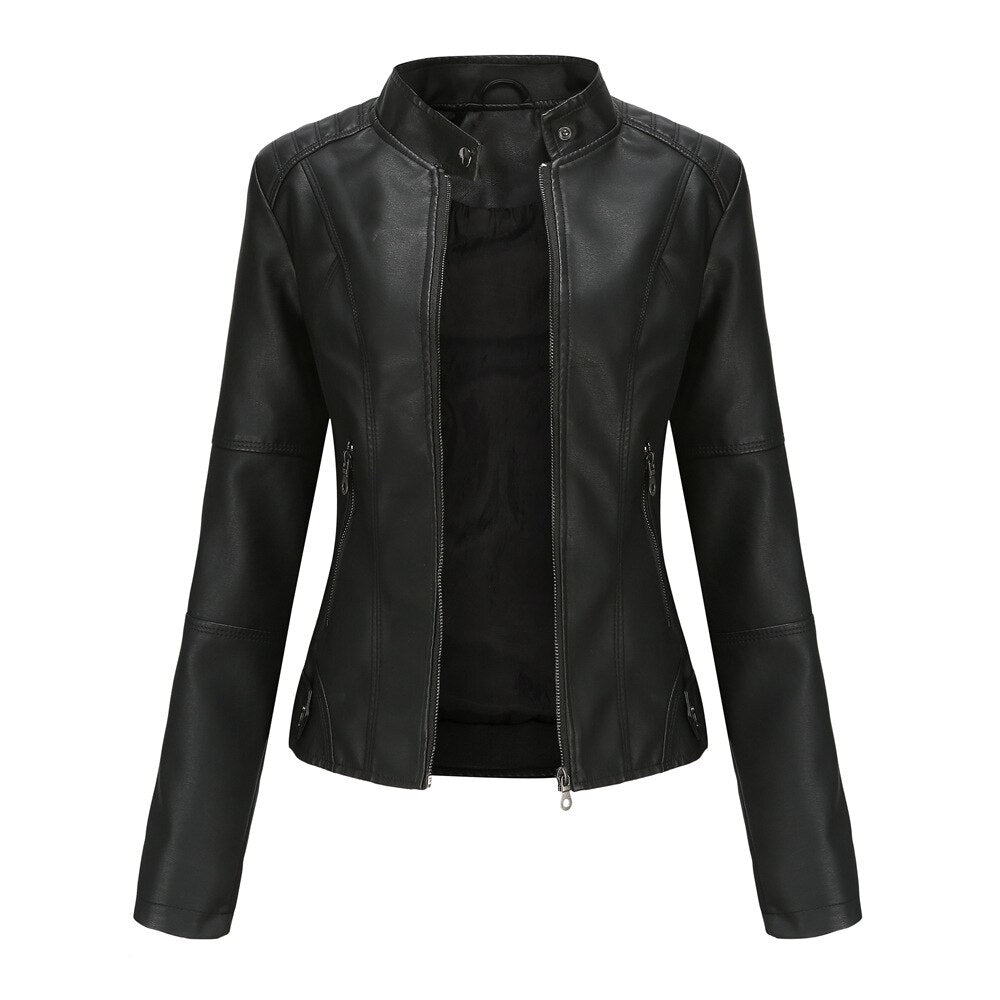 Women's Faux Leather Jacket – Mandarin Collar Moto Jacket