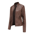Women's Faux Leather Jacket – Mandarin Collar Moto Jacket