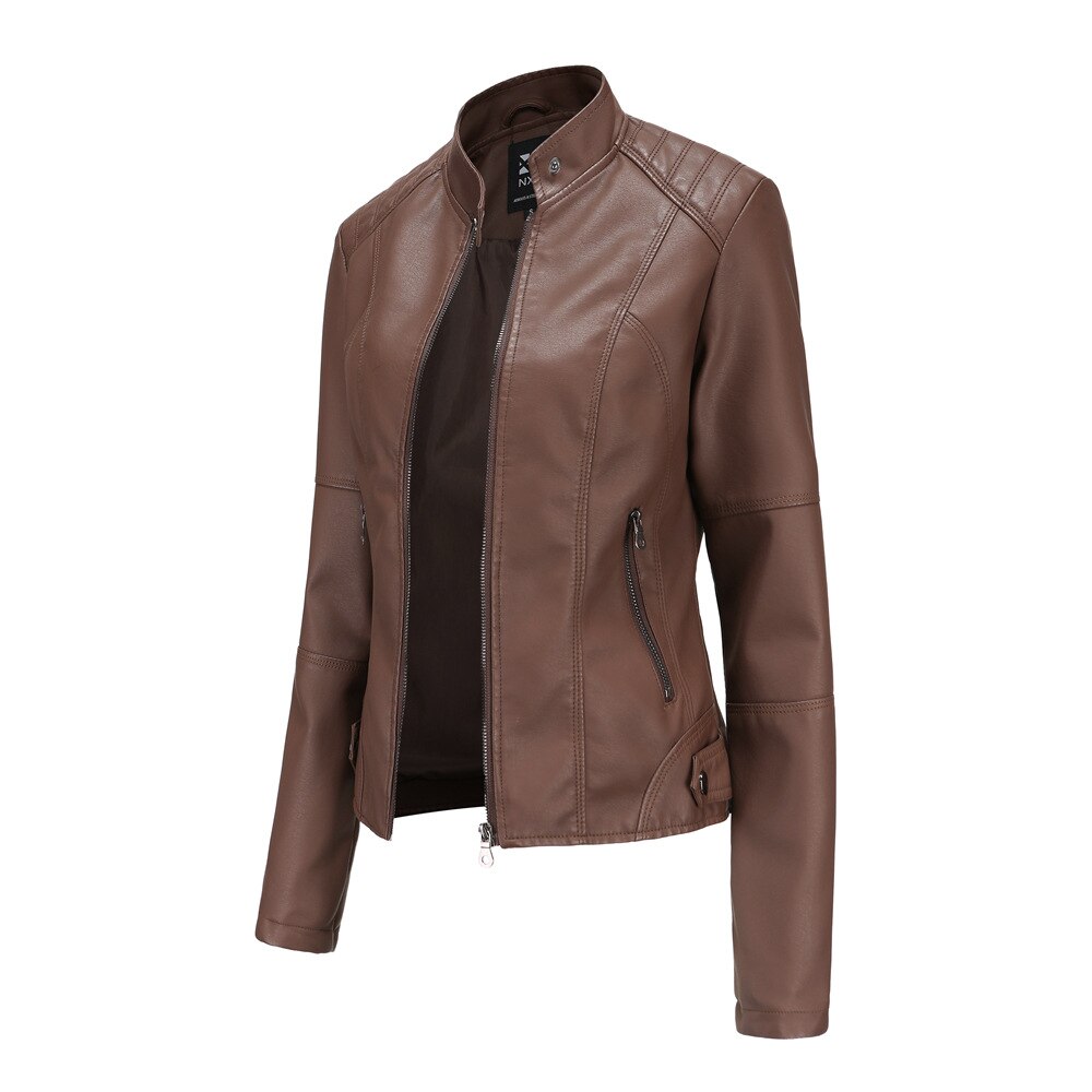 Women's Faux Leather Jacket – Mandarin Collar Moto Jacket