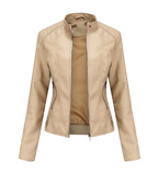 Women's Faux Leather Jacket – Mandarin Collar Moto Jacket