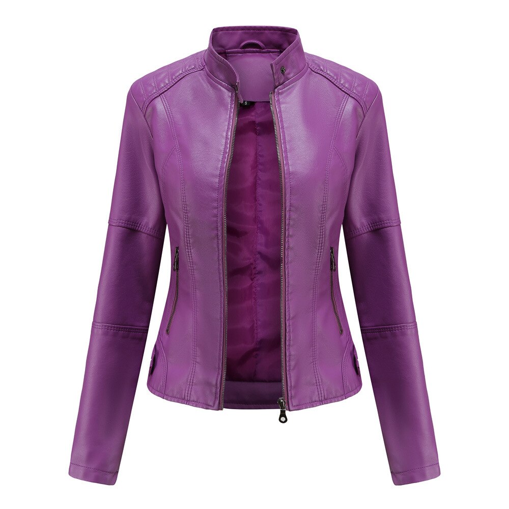 Women's Faux Leather Jacket – Mandarin Collar Moto Jacket