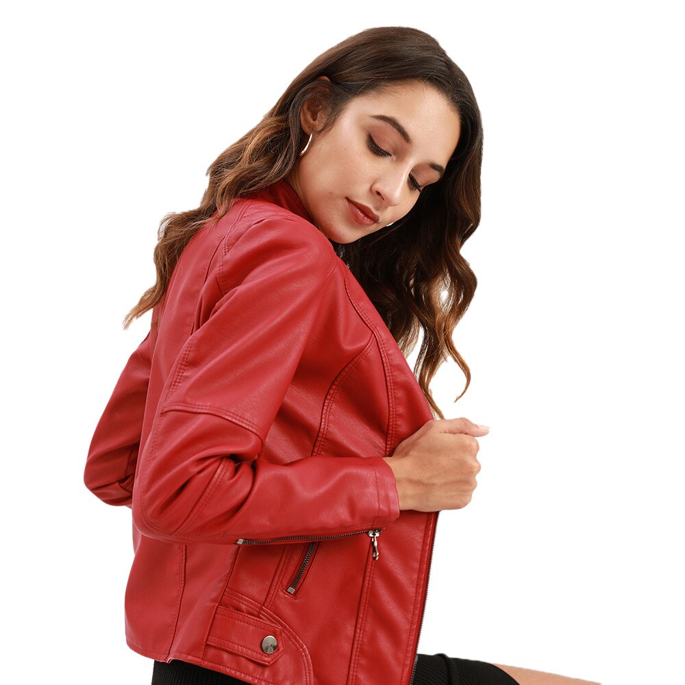 Women's Faux Leather Jacket – Mandarin Collar Moto Jacket