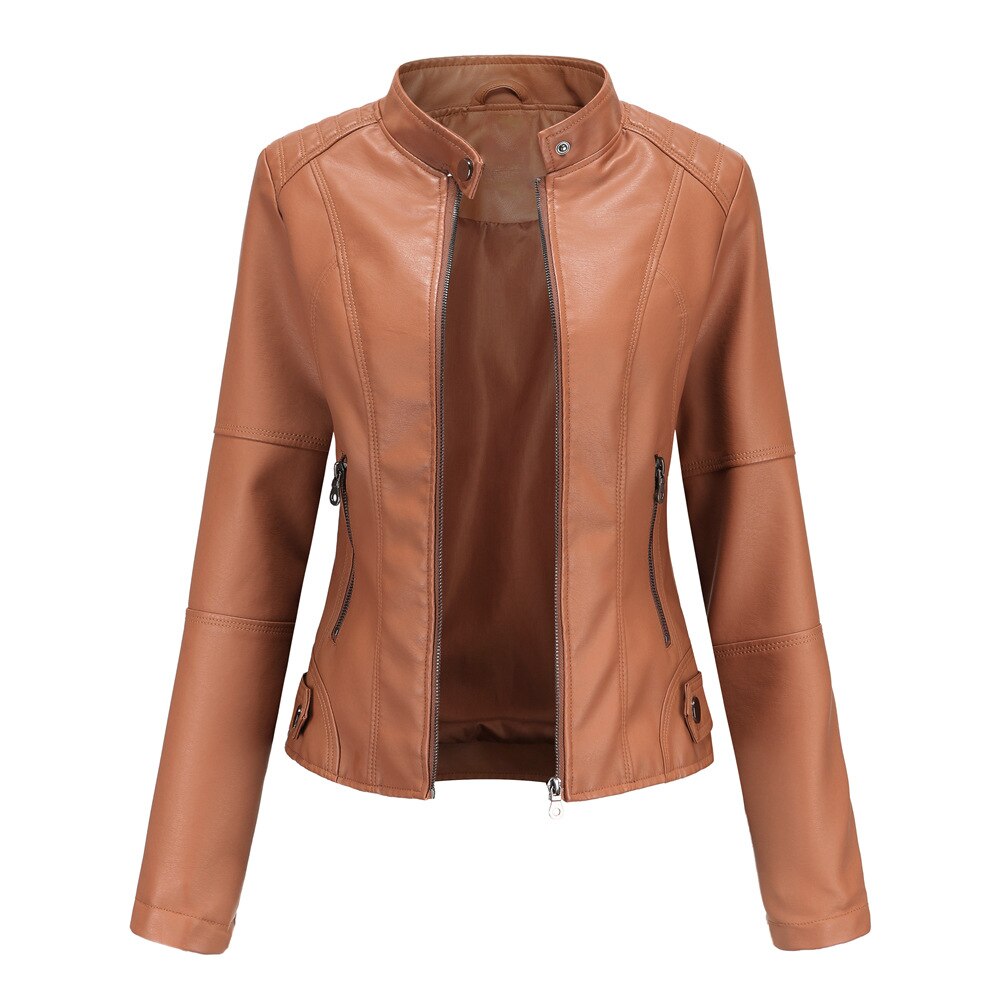 Women's Faux Leather Jacket – Mandarin Collar Moto Jacket