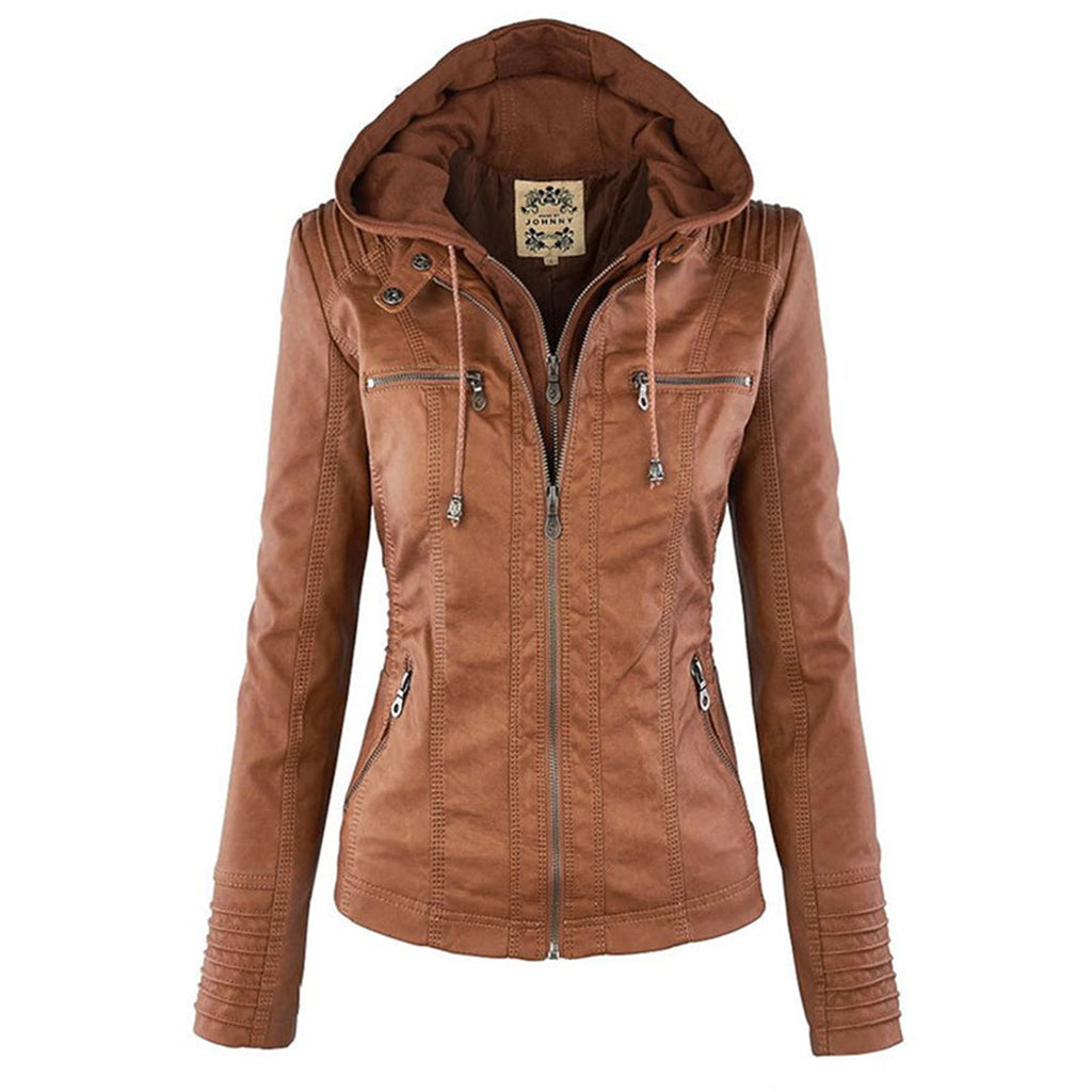 Women's Hooded Moto Jacket – Faux Leather Zip-Up Jacket