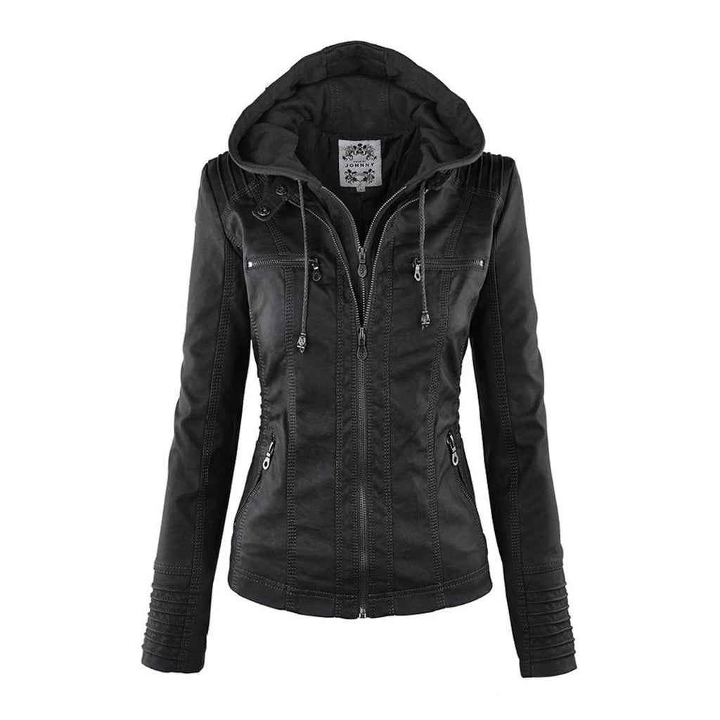 Women's Hooded Moto Jacket – Faux Leather Zip-Up Jacket