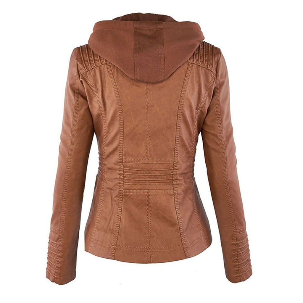 Women's Hooded Moto Jacket – Faux Leather Zip-Up Jacket