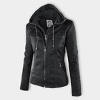 Women's Hooded Moto Jacket – Faux Leather Zip-Up Jacket