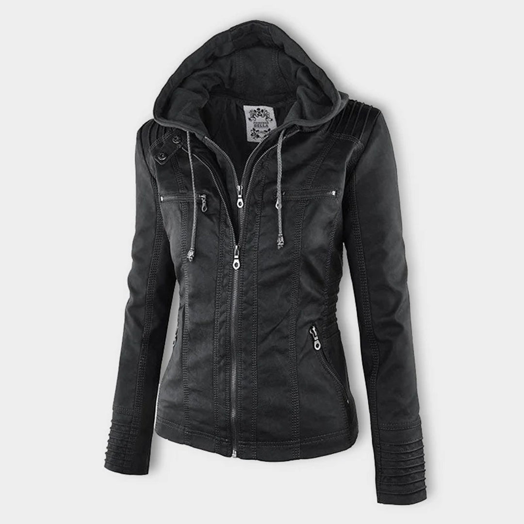Women's Hooded Moto Jacket – Faux Leather Zip-Up Jacket