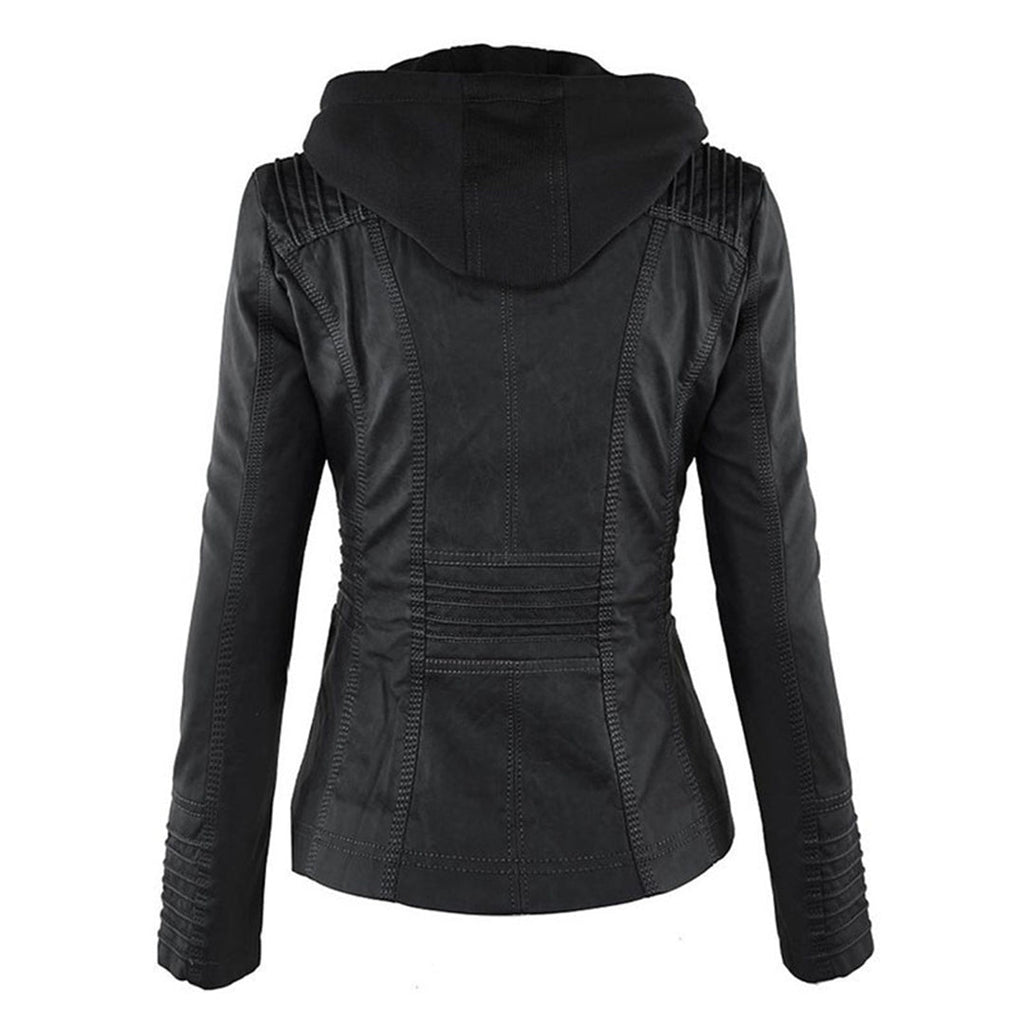 Women's Hooded Moto Jacket – Faux Leather Zip-Up Jacket