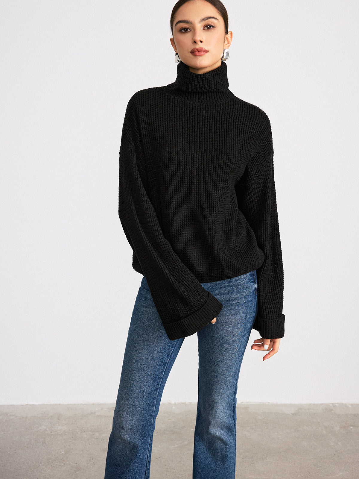 Women's Flare Sleeve Turtleneck Sweater – Ribbed High Neck Pullover