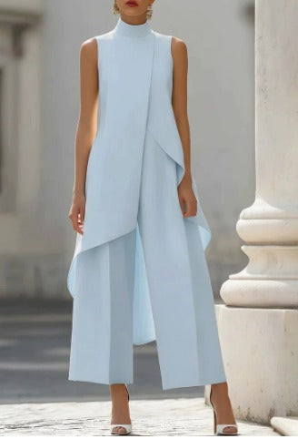Women's Sleeveless Layered Jumpsuit – High Neck Asymmetrical Flowy Jumpsuit