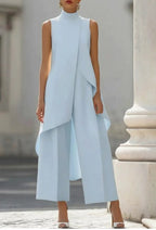 Women's Sleeveless Layered Jumpsuit – High Neck Asymmetrical Flowy Jumpsuit