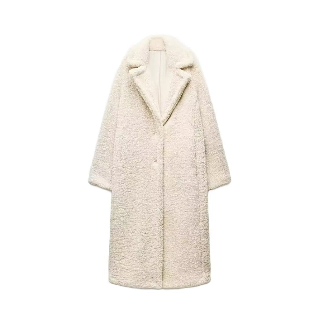 Women's Long Teddy Coat – Plush Lapel Button Front Winter Coat