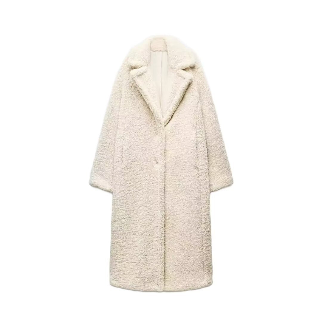 Women's Long Teddy Coat – Plush Lapel Button Front Winter Coat