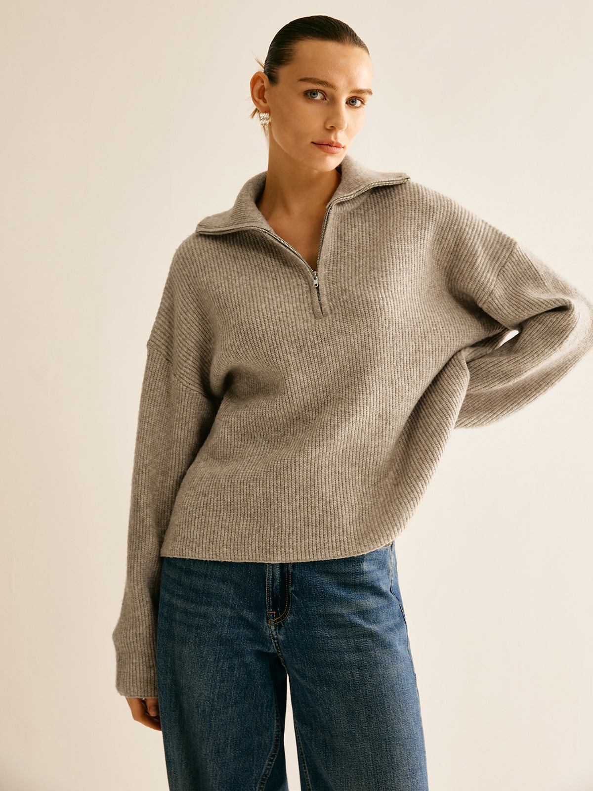 Women's Quarter-Zip Sweater – Ribbed Stand Collar Pullover Sweater