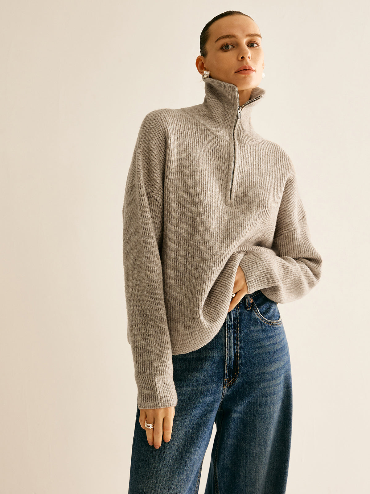 Women's Quarter-Zip Sweater – Ribbed Stand Collar Pullover Sweater