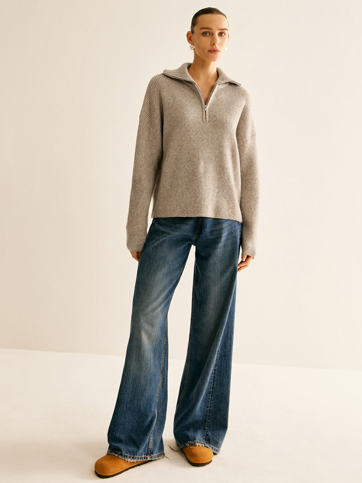 Women's Quarter-Zip Sweater – Ribbed Stand Collar Pullover Sweater