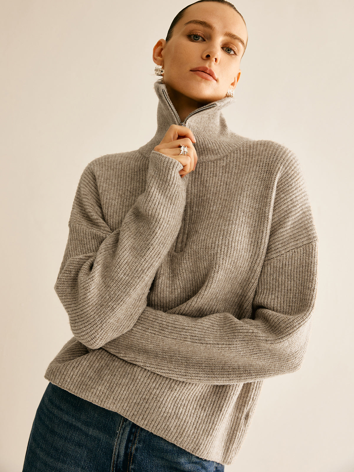 Women's Quarter-Zip Sweater – Ribbed Stand Collar Pullover Sweater