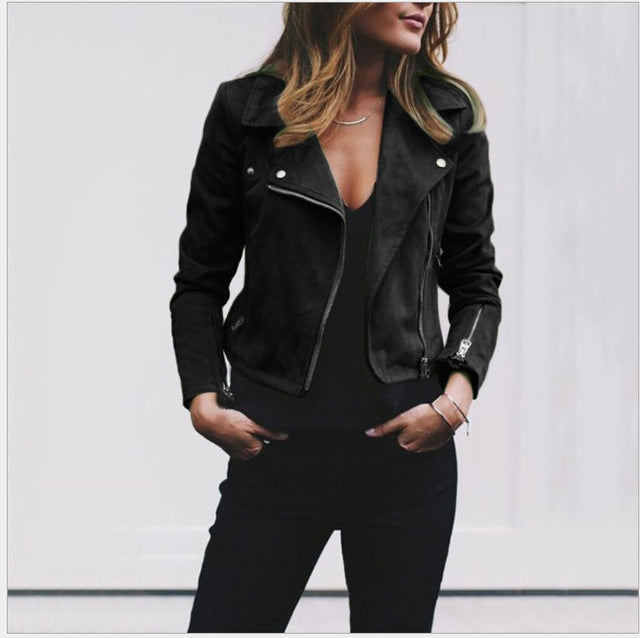 Women's Moto Biker Jacket – Faux Suede Zip Jacket