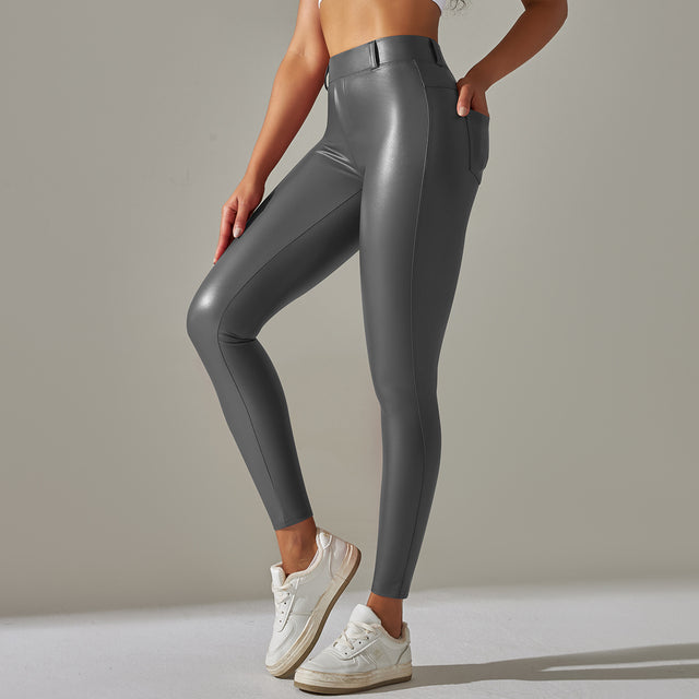 Women's Shiny Leather Look Leggings – High Waist Fitted Stretch Leggings