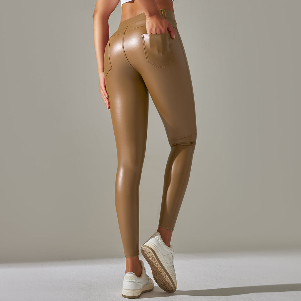 Women's Shiny Leather Look Leggings – High Waist Fitted Stretch Leggings