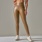 Women's Shiny Leather Look Leggings – High Waist Fitted Stretch Leggings